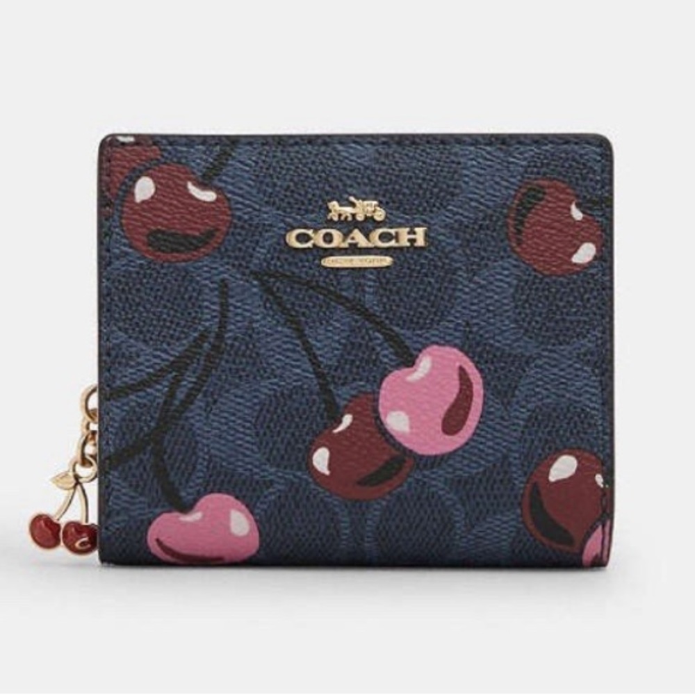 Coach Snap Wallet In Signature Canvas With Cherry Print